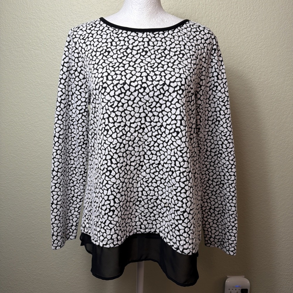 Style & Co Tunic Top S Women Black White Textured Snap Back Chiffon Layered Knit